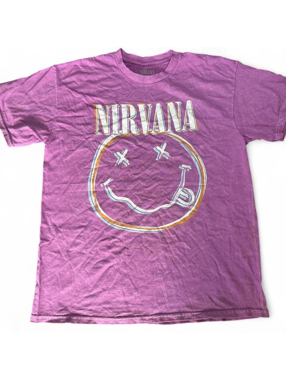 Purple Nirvana Smiley Face Acid Wash T-Shirt | Size L